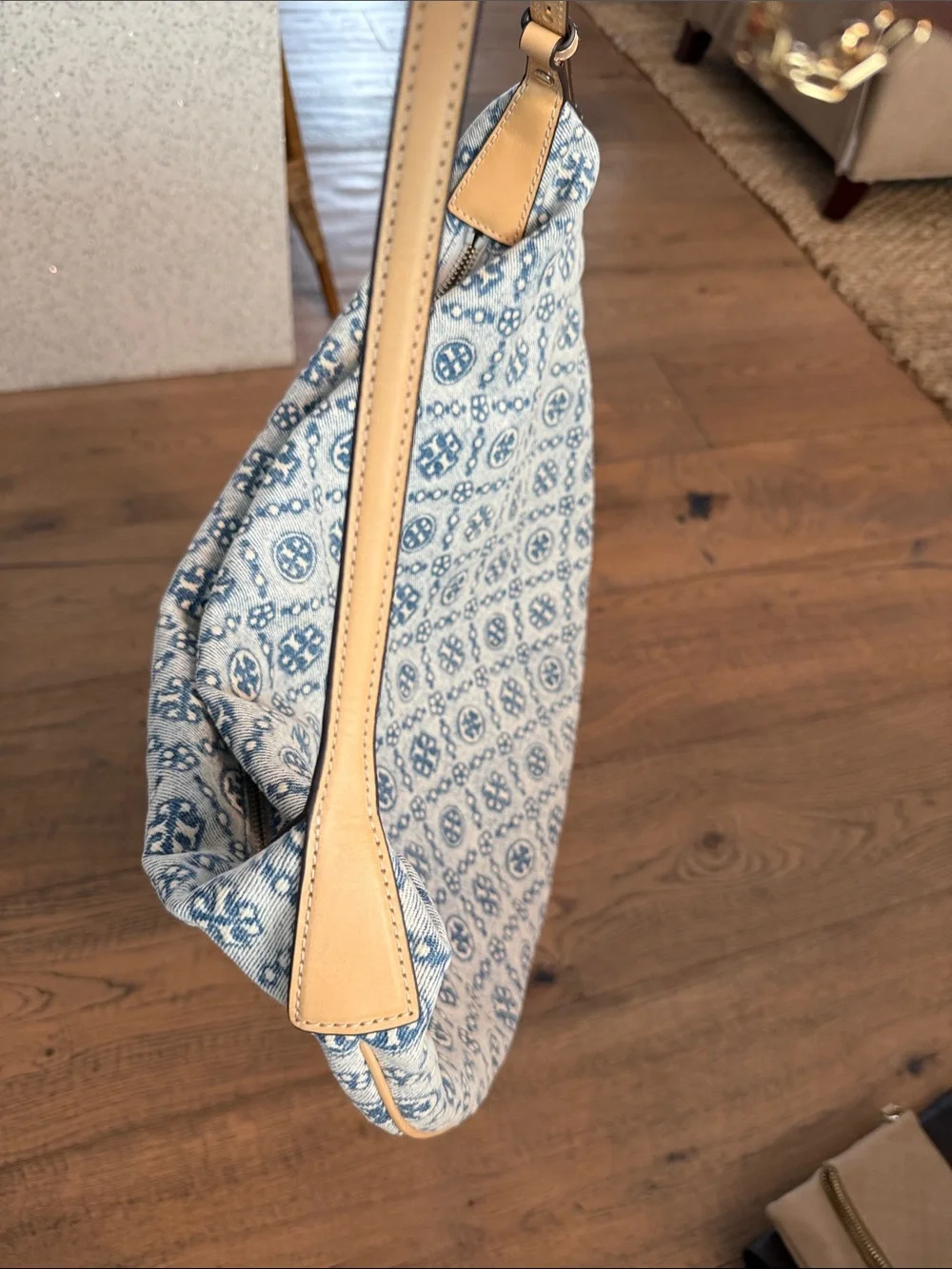 Tory Burch Blue and Cream Large Denim Monogram Shoulder Bag